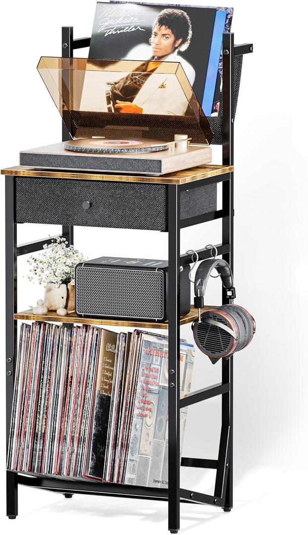Record Player Storage Stand, Turntable Stand with Vinyl Record Storage for up to 200 Albums, 3-Tier Record Holder Display Shelf, End Table with Drawer for Living Room, Bedroom, Rustic Brown