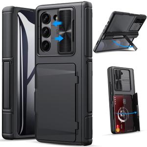 GBEE for Samsung Galaxy Z Fold 5 Case with Kickstand & Screen Protector & Card Holder & Sliding Camera Cover & Hinge Protection, Durable Rugged Stand Wallet Phone Case for Galaxy Z Fold 5 2023, Black