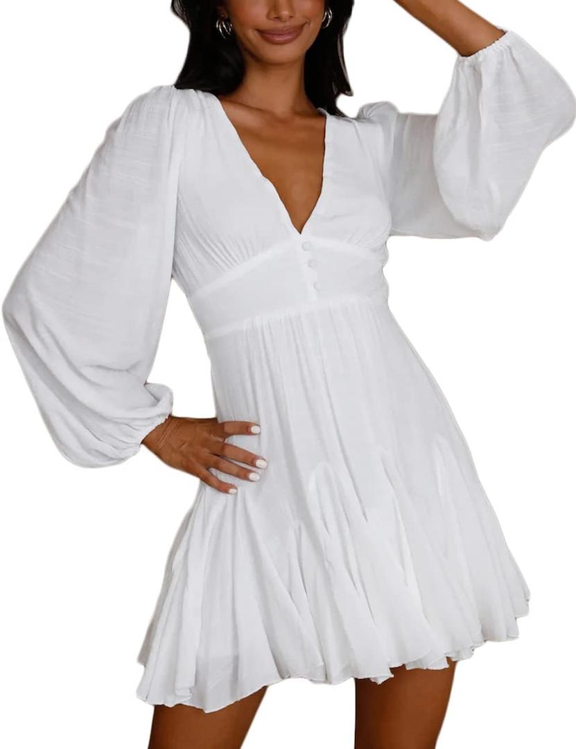 Lantern Long Sleeve Flowy Summer Backless Mini Sundress for Women 2023 Casual V Neck Cut Out Empire Waist Skater Dresses (Large, White)