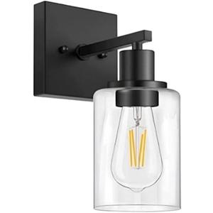 Wall Sconce, Matte Black Bathroom Light Fixture, Farmhouse Wall Light, Vanity Light with Clear Glass Shade for Bedroom Living Room Mirror Hallway Kitchen E26 Base (No Bulbs)