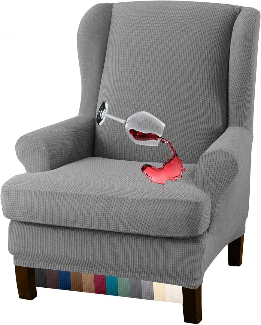 Granbest Premium Water Repellent Wingback Chair Cover 2-Piece High Stretch Jacquard Fabric Wing Back Chair Slipcovers (Wing Chair Cover, Light Gray)