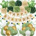 Retro Green Birthday Party Decorations for Women Girls, Happy Birthday Banner with Tissue Paper Pompoms, Paper Tassel, Circle Garland, Hanging Swirl, Party Balloons for Party Decorations