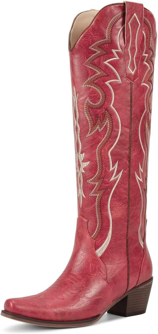 wetkiss Cowboy Boots for Women Knee High Cowgirl Tall Boots with Classic Retro Embroidered Chunky Heel Slip On Pointed Toe Womens Western Boots for Girls Ladies (8)