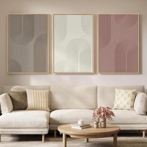 Large Framed Abstract Boho Wall Art for Living Room, 3 Piece Modern Neutral Blush Pink and Brown Canvas Artwork for Walls, Minimalist Painting Print for Bedroom Dining Room Office Wall Decor, 24x36 In