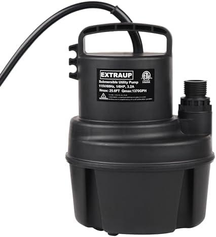 EXTRAUP 1/6 HP 1370GPH Portable Submersible Utility Pump Low Suction Electric Clean Pool Cover Basement Flood Drainage Water Transfer Pump Black