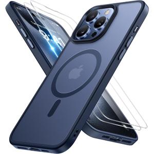 Miracase Magnetic for iPhone 14 Pro Case 6.1 inch (Compatible with MagSafe)with 2X Screen Protectors Military-Grade Protection, Anti-Fingerprint Translucent Matte Phone Case Cover, Dark Blue