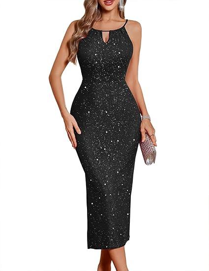 BeryLove Sequin Prom Wedding Guest Cocktail Glitter Spaghetti Strap Dress Evening Sexy Party Bodycon Slit Dresses RBLS0032 Black XL