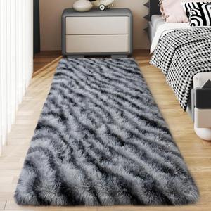Soft Runner Rugs for Bedroom Hallways, 2x6 Black and White Fluffy Shag Throw Area Rug Non Slip for Bedside Dorm, Long Shaggy Furry Carpet for Nursery Living Room