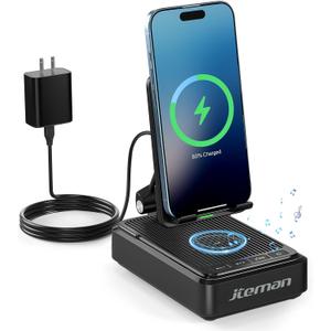 Jteman Cell Phone Stand with Bluetooth Speaker and Wireless Charger, Desktop Charging Station Stand Speaker for iPhone, Christmas Birthday Gift for Men Women (Black)