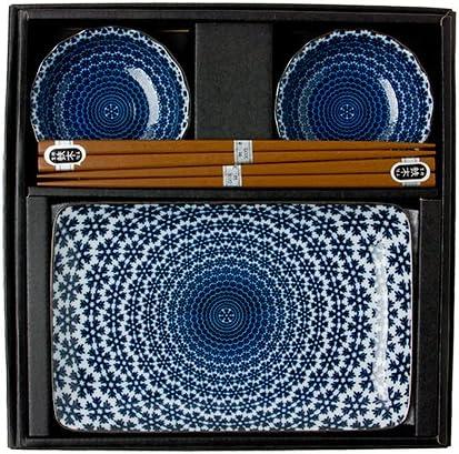 Miya Japan Blue and White Snow Sushi Set for 2 with Plates Sauce Dishes and Chopsticks