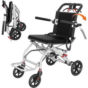 Lightweight Foldable Transport Wheelchair, Portable Travel Wheelchair with Handbrake for Adults & Seniors, Easy-Fold Design & Secure Locking Brakes Transfer Wheelchairs (White)
