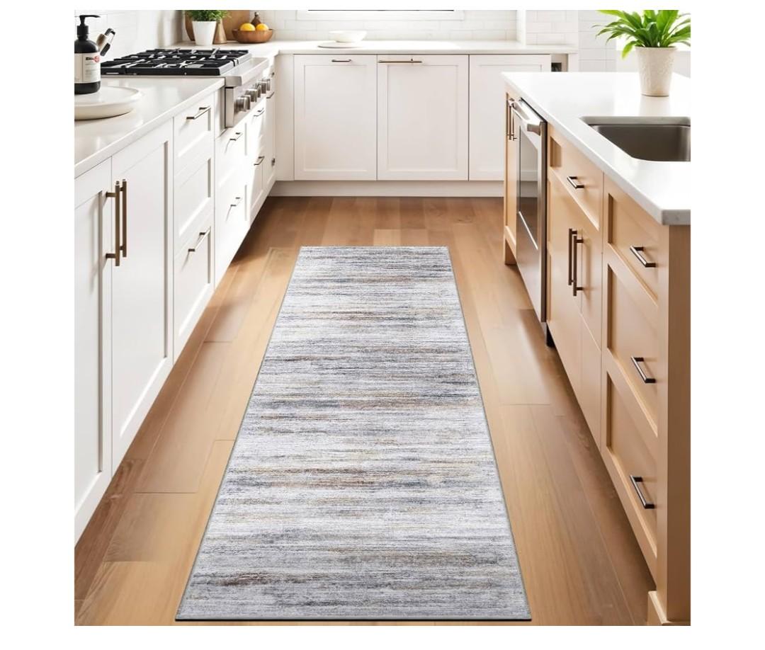 2x10 Washable Runner Rugs for Hallway: Easy-to-Clean Abstract Runners for Entryway Kitchen Dining Room- Stain and Water Resistant Rugs with Non-Slip Backing - Soft Low-Pile Carpet Beige Grey