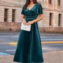 Simplee Women's Velvet Maxi Dress V Neck Short Sleeve Empire Waist Semi Formal Long Cocktail Dresses (Green)