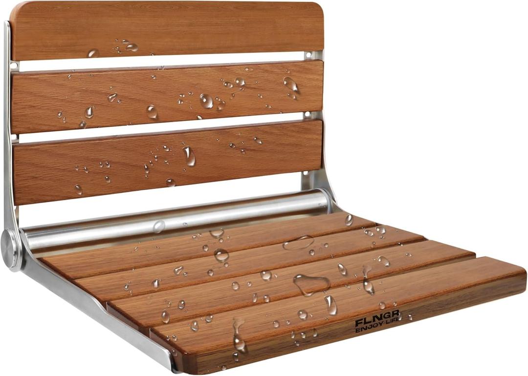 18 inch Teak Folding Shower Seat Wall Mounted, Foldable Shower Bench, 400lbs Max Load, Space-Saving Fold Down Design for Seniors, Elderly & Small Shower Spaces
