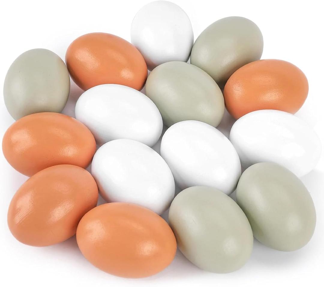 POPLAY 15PCS Wooden Fake Eggs, 3 Colors Wooden Chicken Faux Eggs for DIY Crafts Egg Painting Chicken Nest