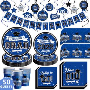 DAZONGE Graduation Decorations 2025 Blue, 2025 Graduation Party Decorations for 50 Guests, Disposable Tableware Set, Plates, Cups, Tablecloth with Congrats Grad Hanging Decor