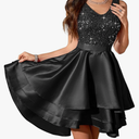 Meetjen Women's Sequin Prom Dresses Cocktail Party Sparkly Short V Neck A-line High Low Satin Formal Dress for Wedding, Size M.