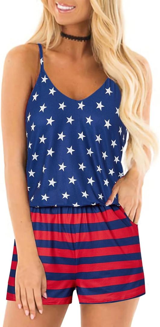 RAISEVERN Women Romper Summer Casual Sleeveless Short Jumpsuit with Pockets (Blue, M)