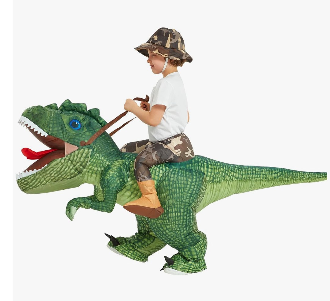 One Casa Inflatable Costume Dinosaur Riding T Rex Air Blow up Funny Party Halloween Costume for Kids 7-10 Yrs