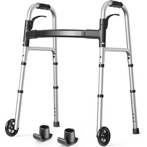 Folding Walkers for Seniors with 2 Skis and 5" Wheels, Lightweight Adult Rolling Walker, Supports Up to 350 Pounds, Adjustable Height, Aluminum Standard Walker, Silver