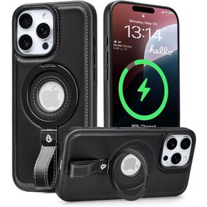 Butaiga for iPhone 15 Pro Max Leather Case with Stand, Anti-Slip Grip Ring, Fits for MagSafe (Black, iPhone 15 Pro Max)