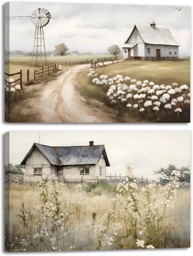 Barn Wall Art 2 Piece Rustic Farmhouse Picture Print On Canvas Beautiful Field Wildflower Windmill Painting Framed For Bathroom Bedroom Living Room Office Wall Decor(Artwork-5,12"x16"x2pcs)