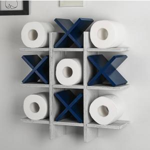 Weysat Tic Tac Toe Toilet Paper Holder Stand Bathroom Wall Decor Rustic Wooden Hanging Storage Freestanding Wall Mounted Shelves Decor for Toilet Tissue Farmhouse