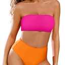 Pink Queen Women's Sexy 2 Piece Strapless Bikini Top High Waisted Cheeky High Cut Bathing Suit Swimsuit Pink Orange XL