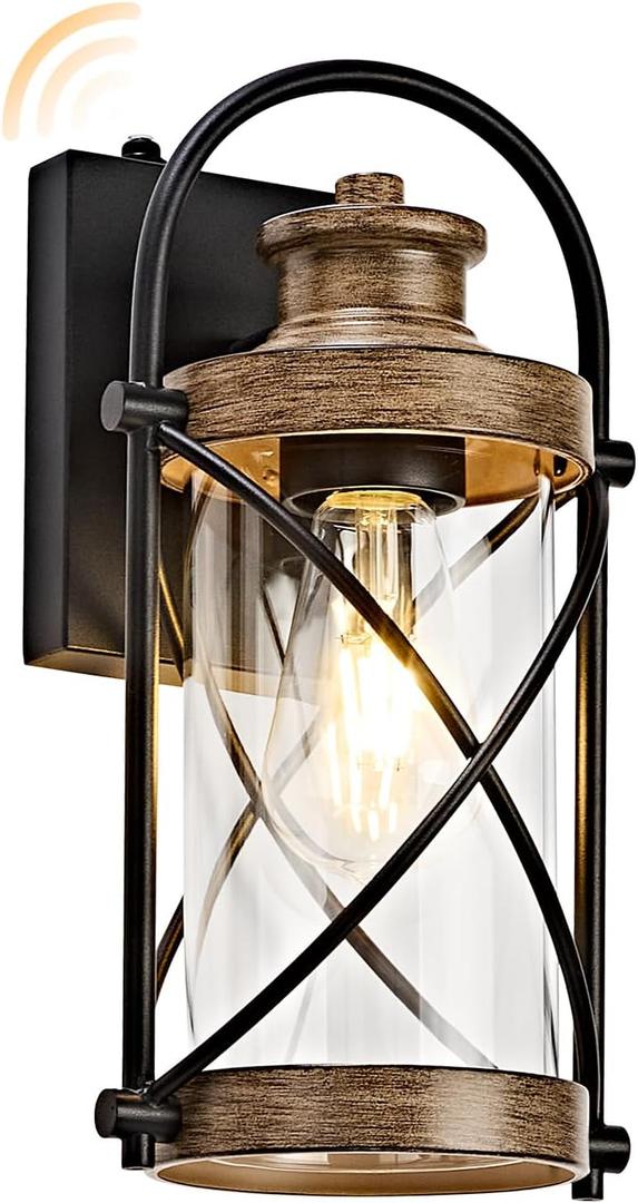 OKELI Dusk to Dawn Outdoor Wall Lights Fixtures, Waterproof Exterior Lighting Fixtures with Photocell Sensor,Vintage Faux Wood Grain Metal Cage Lantern Outside Lights for Porch Patio House Garage