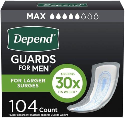 Depend Guards Incontinence Pads for Men, Maximum Absorbency, 104 Count (2 Packs of 52), Packaging May Vary