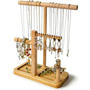 Solid Wood Jewelry Tower Organizer - 3-Tier Tree Holder Stand with 11 Earring Holes, 2 T-bar for bracelets Necklace or watches, Ring Tree & Display Tray (natural wood)