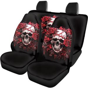 Poceacles Rose Skull Print Car Seat Covers Full Set Cute Car Accessories for Men Lightweight Easy to Clean Breathable Universal Fit SUV Van Truck Rear & Front Seat Cover, Black