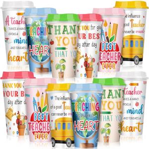 Skylety 12 Pcs Teacher Appreciation Gifts Teacher Gifts Bulk Teachers Deals Reusable Plastic Coffee Cup with Lid for Back to School Party Decorations (Vivid)