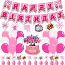 Pink Spider Birthday Party Decorations,Girl Spider Decor Supplies Include Happy Birthday Banner, Latex Balloon, Hanging Swirl Spiral,Cake Toppers