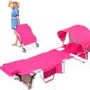 Wheel-To-Go Tanning Chair with Wheels Sun Canopy Umbrella Face Hole Thicker Washable Adjustable, Heavy Duty Folding Sun Lounge Chair Beach Outside Sunbathing Reading, UPF 50+, Pink (Patent Design)