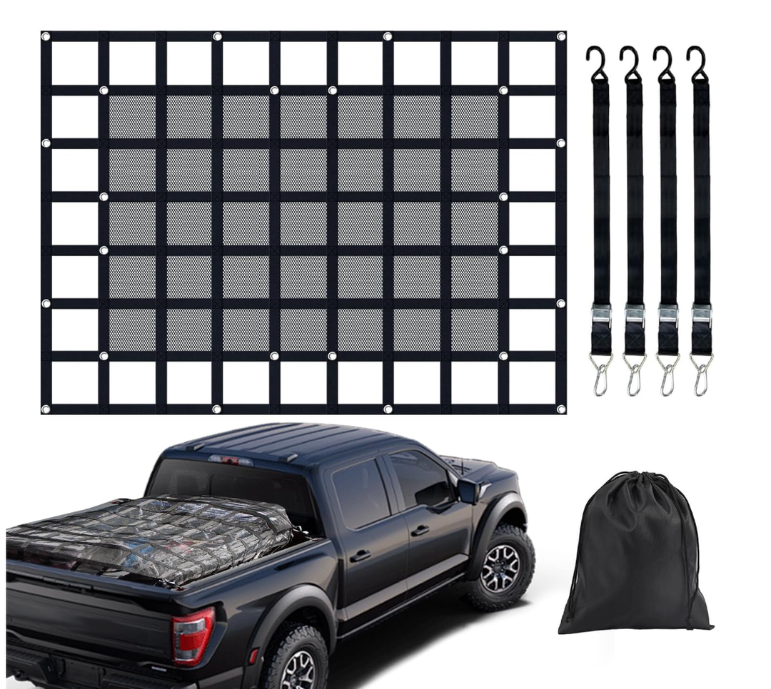 Heavy Duty Truck Cargo Net with Mesh, 72in x 57 in, 1300LBS Capacity, Adjustable Straps with Cam Buckles & S-Hooks for Trailer, Pickup, Jeep, SUV