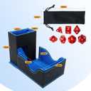 Dice Tower & DND Dice Tray, Foldable Portable Dice Rolling Tower with Tray and Storage, DND Dice Accessory for Dungeons and Dragons, PU Leather Dice Box with 7 Dice, Black/Blue