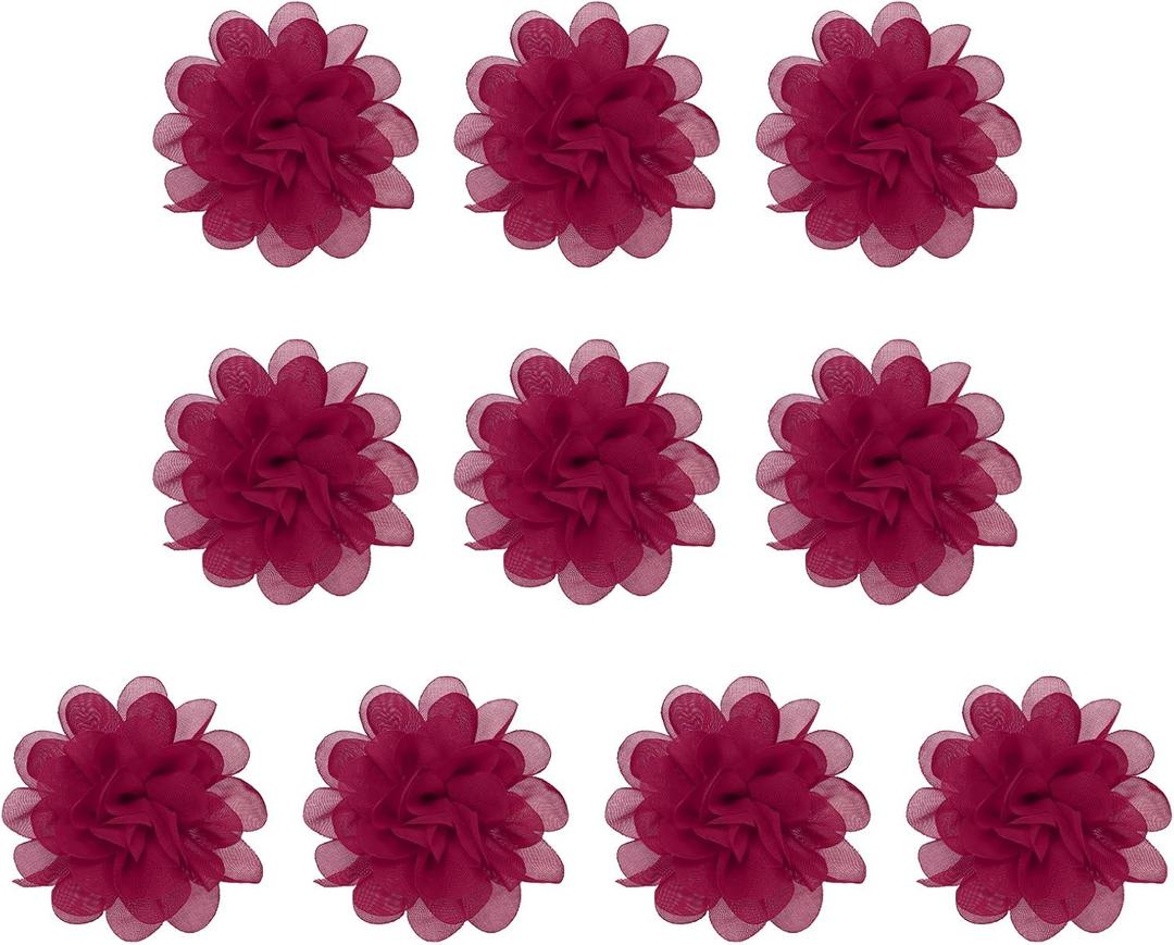PATIKIL 3.9" Chiffon Flowers, 10 Pcs Mesh Fabric Flowers Sewing Fabric Appliques Headband Embellishments for DIY Craft Wedding Decor, Burgundy