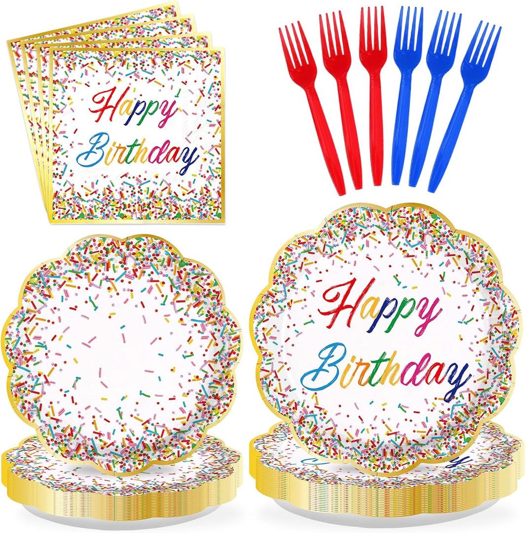 96Pcs Happy Birthday Party Supplies Confetti Sprinkles Plates and Napkins Disposable Sprinkles Theme Tableware Set for Kids Birthday Baby Shower Party Decorations Serves 24