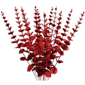 ABAJI Plastic Eucalyptus Wine Red Stems 12 PCS Fake Faux Decorations with Artificial Leaves Greenery Plant Leaf Suitable Home Office House Table Desk Decor Wedding Party Vase Forever Live 2Pack