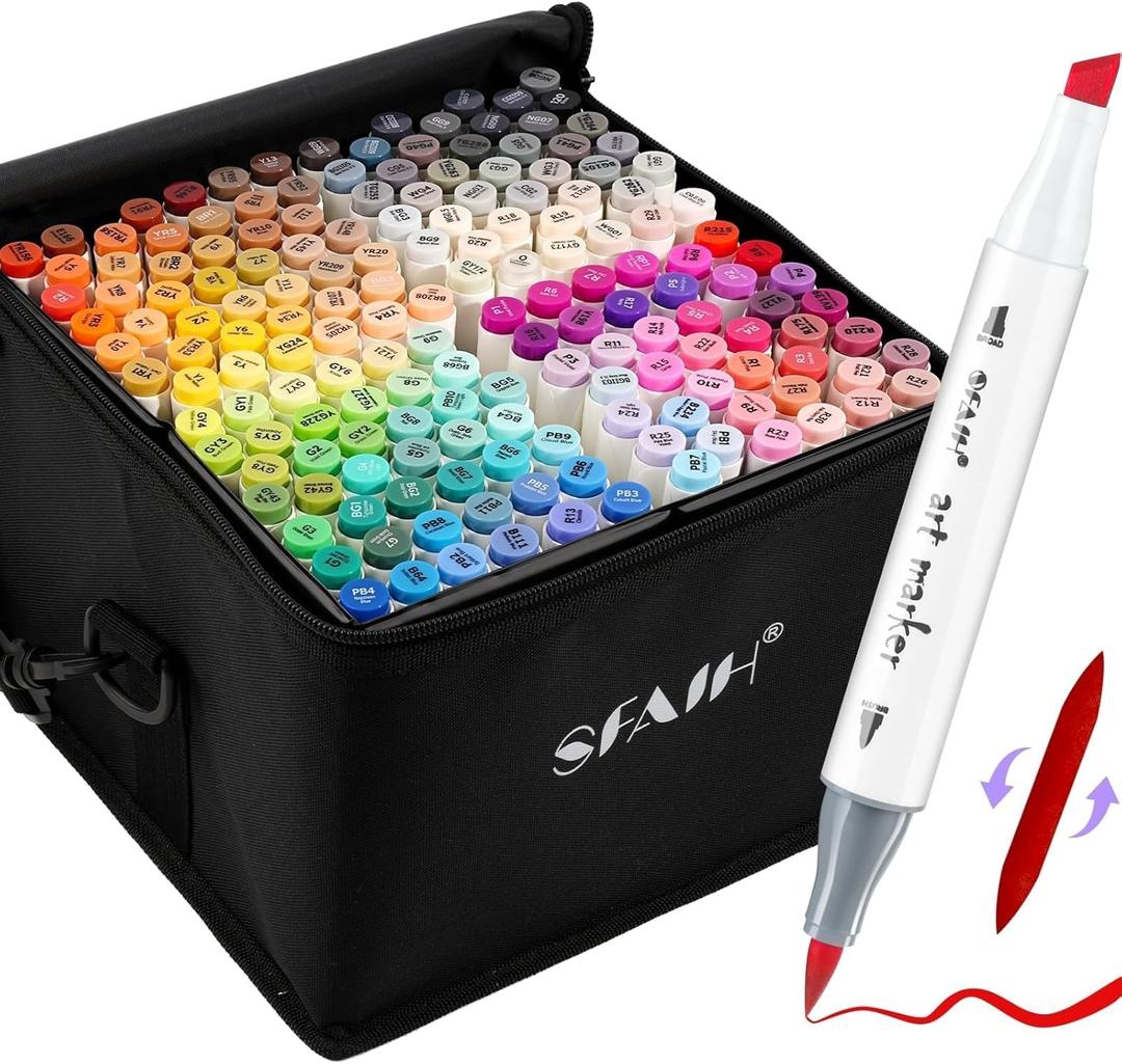 SFAIH 168 Alcohol Markers Set with Leather Marker Organizer- Dual Tip Brush and Chisel Permanent Pens for Adult Coloring, Anime Drawing, Illustration, with Premium Carrying Case & Adjustable Strap