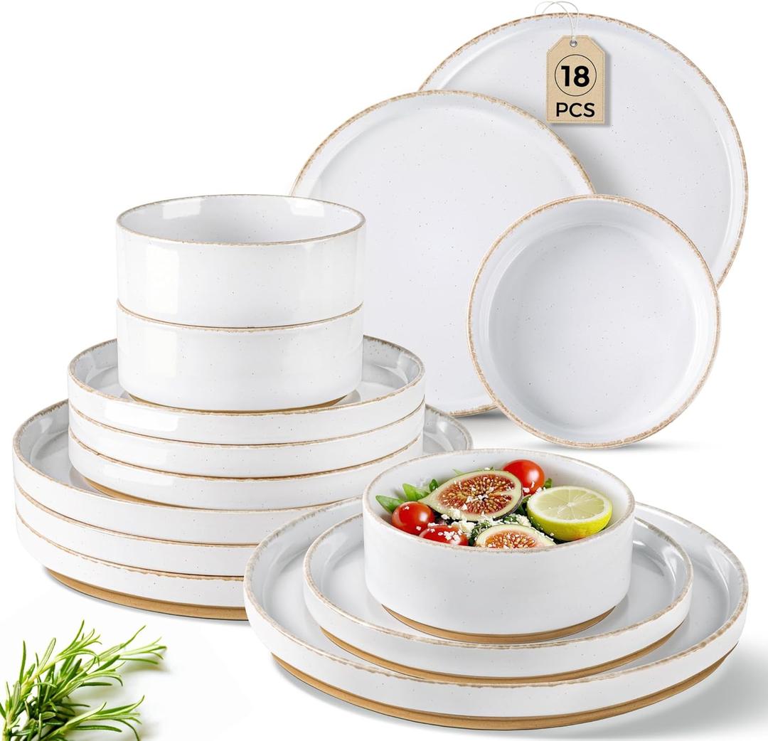 AmorArc Ceramic Dinnerware Sets for 6, 18 Pieces Handpainted Plates and Bowls Set with Rustic Terracotta Underside, Scratch Resistant Stoneware Dishes Set, Dishwasher & Microwave Safe (White (Handbrush Rim))