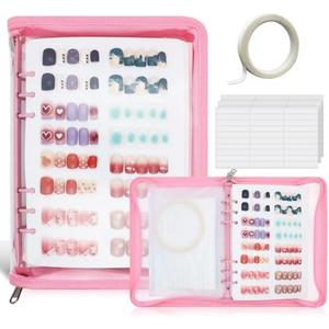 KEIFIN Press On Nail Storage Organizer Binder with 8 Insert Pages - A5 Size Reusable Fake Nail Swatch Collecting Book Polish Color Display Holder Container with Tape and Zipper Pocket (PINK)