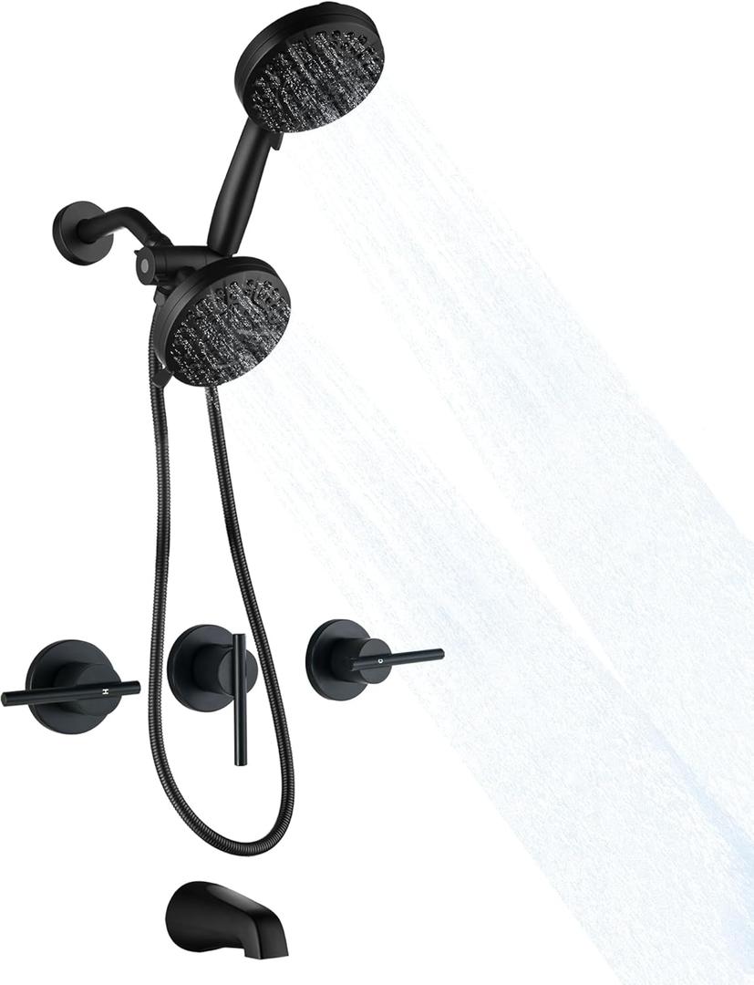 SUBEIXI 3 Handle Tub Shower Faucet Matte Black Bathtub Shower Faucet Set with Tub Spout, 3 Knob Shower Tub Faucet Set, Wall Mount