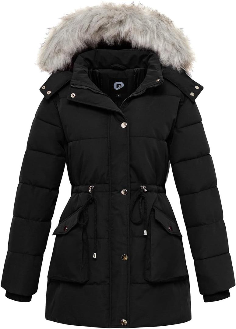 Women's Winter Hooded Coat Waterproof Down Long Jacket Warm Parka Thicken Puffer Coat with Removable Fur Hood (Large, Black)