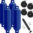 Boat Fenders 4 Pack, Ribbed Twin Eyes Boat Fenders Bumpers for Docking, Inflatable Marine Boat Bumper with 4 Ropes, 4 Needles and 1 Pump (6.5", blue)
