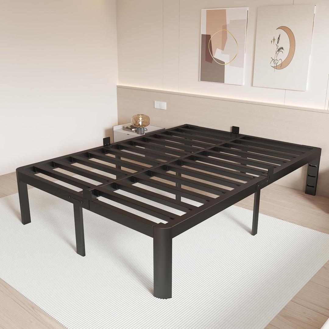 Full Size Bed Frame 16 Inch, Metal Full Bed Frame No Box Spring Needed, Heavy Duty Steel Support 3500 LBS, Headboard Holes, Anti-Slip Mattress Stoppers, Rounded Legs, Storage Space, Easy Assembly