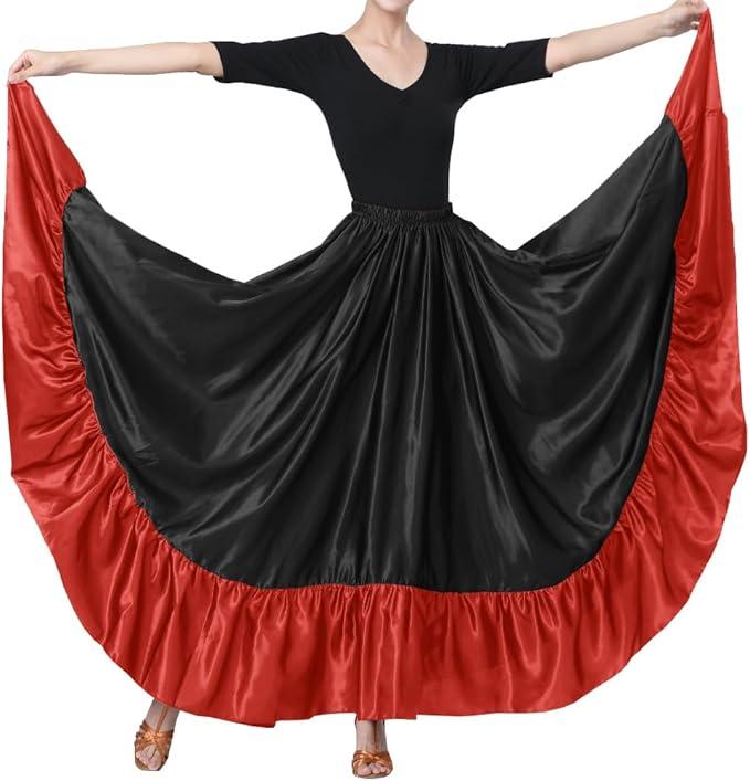 Satin Ruffle Long Dance Skirt for Women | Latin, Flamenco, Folkloric, Mexican, Belly Ballroom Dance Performance Size XL