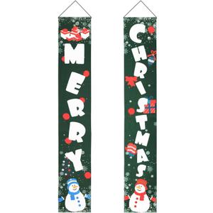 Merry Christmas Porch Signs, 2pcs Christmas Vertical Porch Signs Xmas Gift Boxes Snowman Porch Sign Front Door Banners Decorations for Xmas Party Outdoor Indoor Decor Supplies (71x12 Inch)
