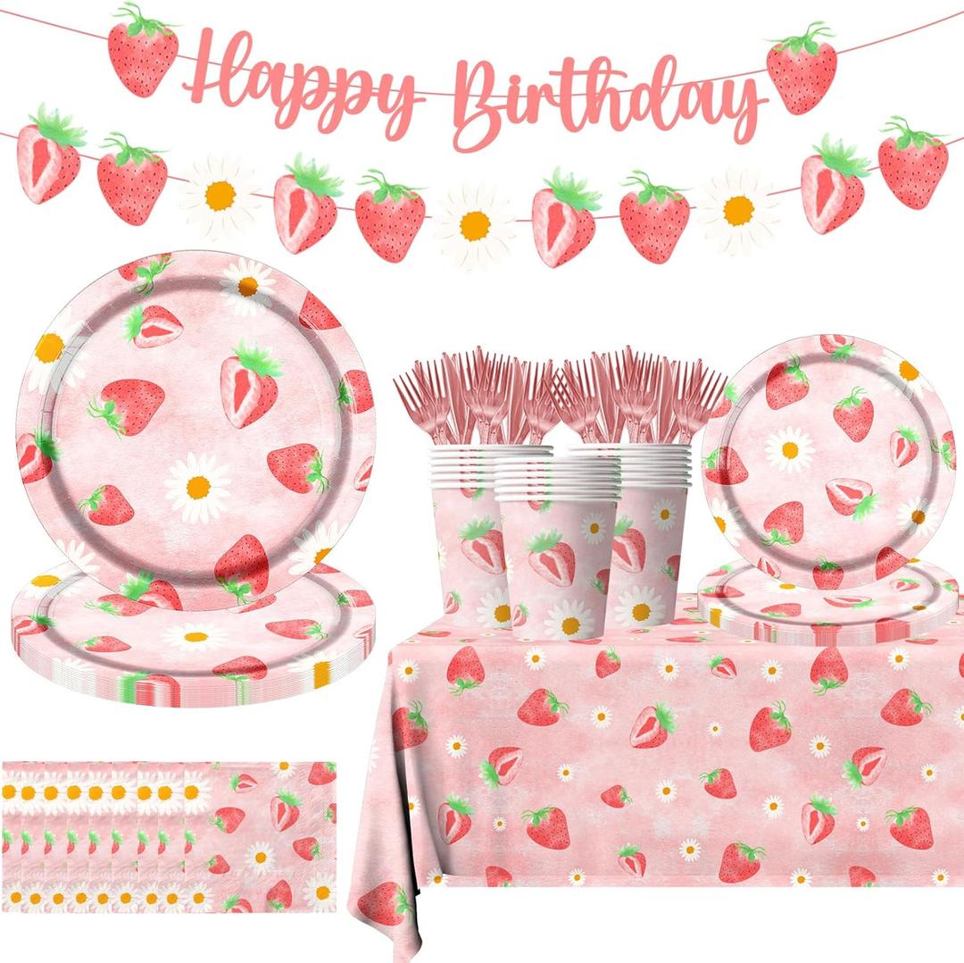 Strawberry Party Decorations - Strawberry Themed Birthday Tableware Disposable Plate,Tablecloth,Napkin Sweet One Party Decorations for Berry First Birthday Supplies